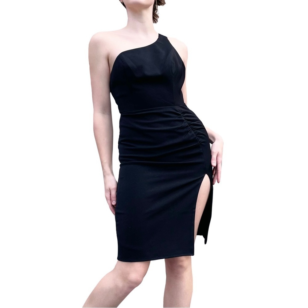 NBD by Revolve One Shoulder Open Back Ruched Bodycon LBD Mini Cocktail Dress